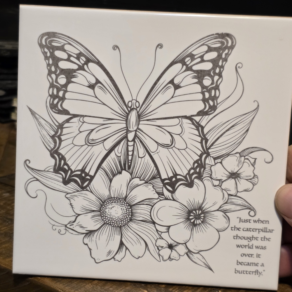 Butterfly Floral Wall Art Tile - Black Line Illustration 6 X 6
